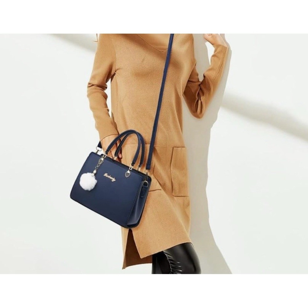 Navy Blue PU Leather Satchel Crossbody Bag Heart‎ Hardware Pom Pom Charm - Picture 2 of 9